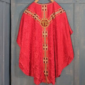 Vintage Red Silk Damask Chasuble with Orphreys and IHS Applique (SOLD)