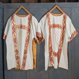 Two Hayes & Finch Cream Silk Red & Gold Orphrey Dalmatics (SOLD)