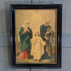Antique Religious Polychrome Print in Black Lacquer Frame of The Holy Family (SOLD)