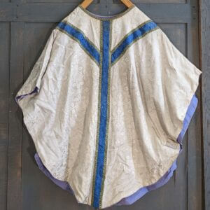 Smaller Size Vintage Cream Damask Silk Chasuble with Violet Lining & Blue Orphreys (SOLD)