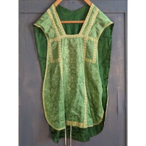Vintage Green Damask Roman Chasuble with Pale Yellow/Green Orphreys (SOLD)