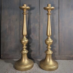 Pair of Extra Large Barqoue Style Gold Painted Wood & Brass Chuch Pavement Candlesticks