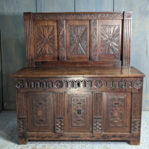 18th to 19th Century Antique Carved & Panelled Decorative Box Settle Bench (SOLD)