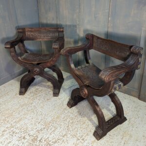 Two Nearly Matching Ornate Teak & Leather Spanish Savonarola Clergy Style Chairs (SOLD)