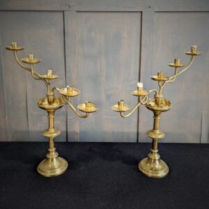 Antique Good Quality Iron Weighted Brass Five Branch Benediction Candelabra (SOLD)