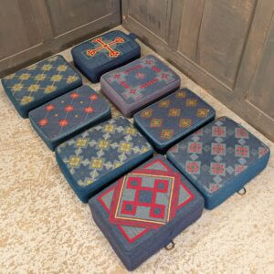 Eight Embroidered Vintage Blue Church Hassocks Kneelers Cushions (SOLD)