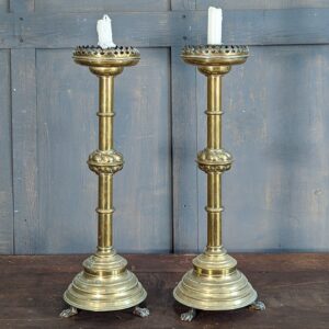 Large High Quality Antique Gothic Brass Church Altar Candlesticks with Claw Feet (SOLD)