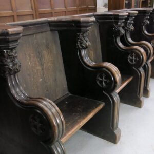 Very Grand And Outsize Two Seater Antique Choir Pew Misericords In Baltic Pine (SOLD)
