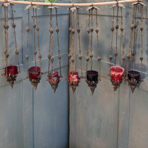 Unusual Vintage Iron & Glass Set of Seven Hanging Sanctuary Lamps (SOLD)