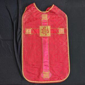 Interesting 1930's Vintage Deep Red Damask 'Lamb of God' Roman Chasuble (SOLD)
