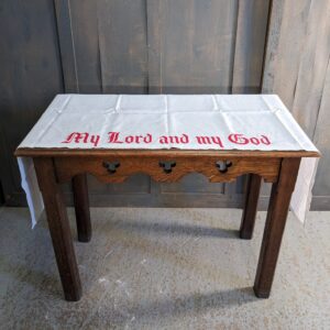 'My Lord & My God' White Cotton Altar Cloth with Red Embroidered Lettering (SOLD)