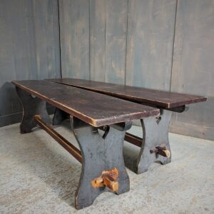 Simple Dark Stained Pine Refectory Style Benches with Heart Cutaways