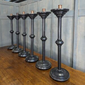 Black Lacquered Lead Weighted Mahogany Big 6 Set of Altar Candlesticks