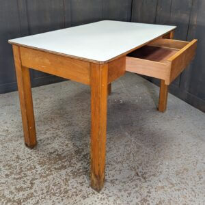 Mid Century Pale Check Patterned Formica & Hardwood Kitchen Table with Drawer