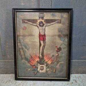 Mysterious Symbol Crammed Antique Framed Lithograph of The Crucifixion