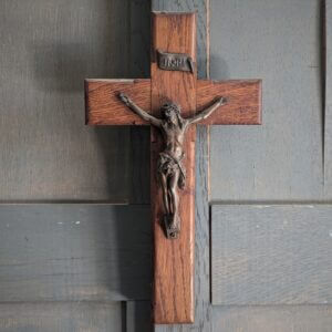 Smaller Size Heavy Spelter & Oak Crucifix from Vestry at All Saints Woodham