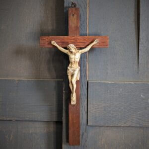 Simple Small 1930's Vintage Oak & White Plaster Wall Crucifix