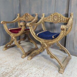 Flamboyant Matching Savonarola Type Carved Hardwood Gold Painted Clergy Chairs