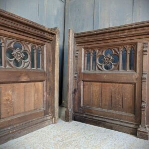 Crypt Find Two Matching Mid Victorian Ornate Gothic Oak Pew Fronts Panels Panelling from St Faith's Gaywood