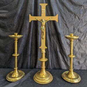 Quality Antique 1900's Altar Set of Large Brass Crucifix & Two Candlesticks