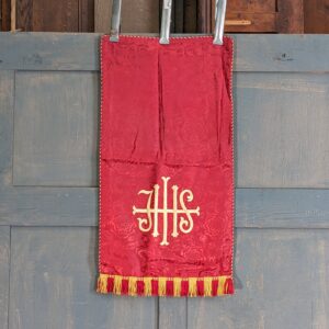 Vintage Red Silk Damask Lectern Fall with Embroidered IHS from St David's Wrexham