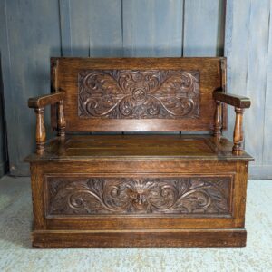 Vintage Carved Oak 'Green Man' English Monks Bench