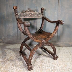 Antique Italian Carved Savonarola Elm Clergy Chair