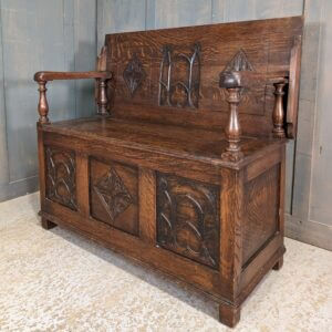 Medium Dark Vintage Oak Monks Bench in early Gothic Style