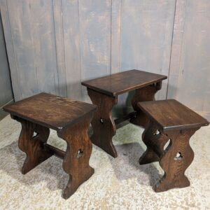 Nest of Three Oak Vintage Tables with Trefoil Cutaways