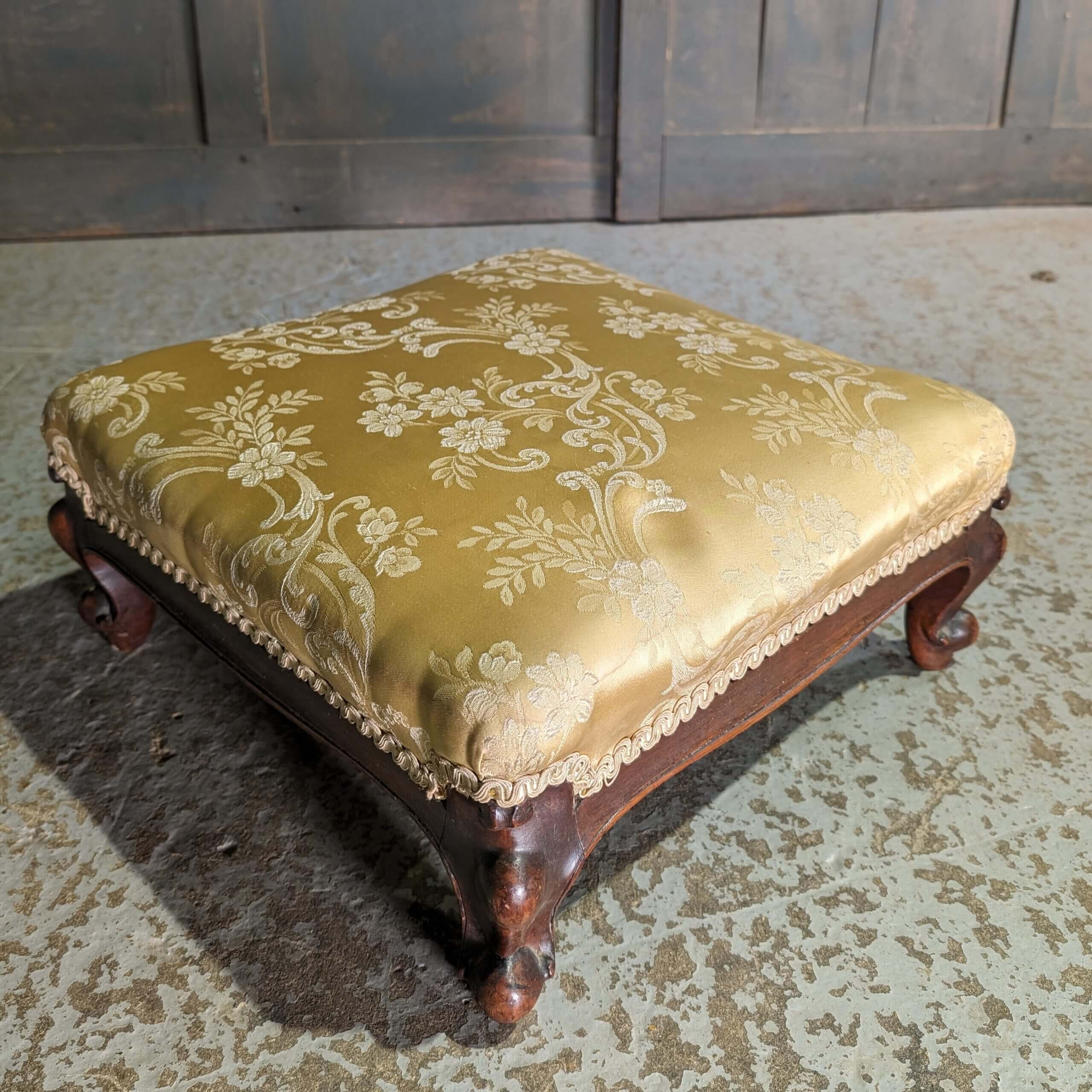 Gold Silk Damask & Mahogany Footstool (SOLD)