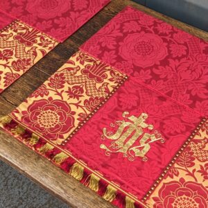 Pair of High Quality Vintage Red Damask & Bullion 'IHS' Lectern Falls from St Mary's Northop Hall