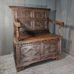 Smaller Size 17th Century Style Carved Oak Monks Bench Circa 1900