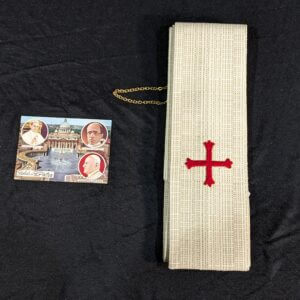 Long & Wide White Linen Stole with Chain & Red Fleury Cross