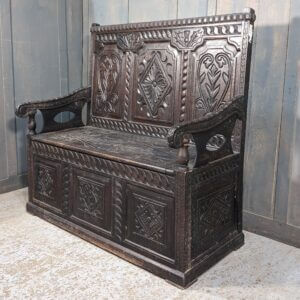 Highly Carved Tall Scottish Oak Monks Bench Box Settle