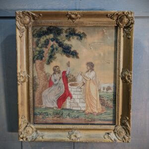 Vibrant Coloured Antique Painted Silk and Embroidered Religious Woolwork of Jesus and Rebecca At The Well