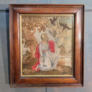 Georgian Embroidered and Painted Silk Religious Woolwork Elijah fed by Ravens