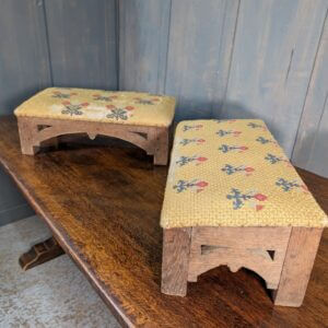 Two Vintage Gothic Oak Embroidered Larger Size Kneelers - Recovering Project