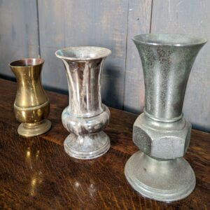 Three Vintage Brass Church Flower Vases Two Nickel Plated