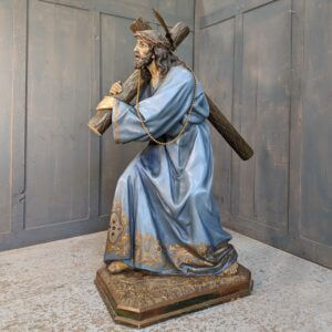Very Fine Large Spanish Vintage Religious Statue of Jesus Christ & Cross