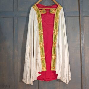 Vanpoulles Mid-Century Ivory Silk Cope with Green Gold Orphreys & Red Silk Lining