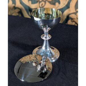 Larger Size Simple Silver Plate & Gilt Chalice with Beaded Central Design & Paten