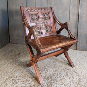 Highly Decorative and Unusual X-Frame Antique Gothic Glastonbury type Clergy Chair in Teak and Baltic Pine