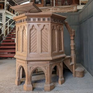 Stripped Pine Gothic Victorian Church Pulpit with Arched Base Six Sides & Stairs