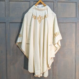 Modern Hayes and Finch Cream and Gold Chasuble with IHS Cross and Wheat Designs