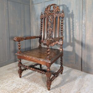 Large Well Made Vintage Carolean Style Highly Carved Oak Armchair