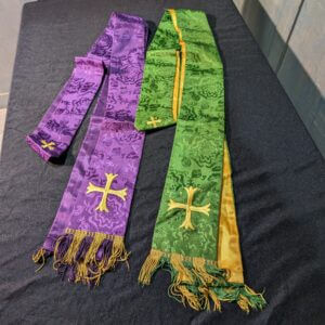 Lovely Vintage Silk Purple and Green 'Vanheems' Stoles with Embroidered Crosses