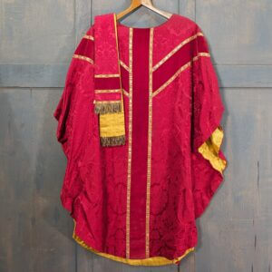 Very Nice 1950's/60's Vintage Red Silk Damask & Velvet Chasuble with Red Gold Orphreys & Matching Stole