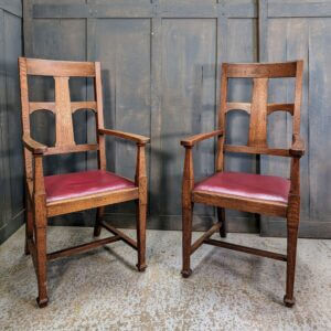 Late English Oak Arts & Crafts Carver Chairs with Red Seats