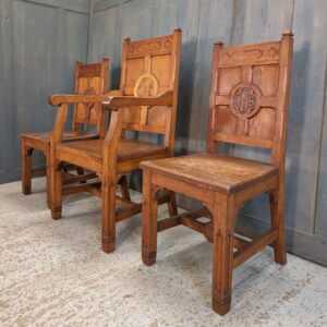 Classic 1950's Vintage Set of Three Oak Worship Clergy IHS Ministers Chairs
