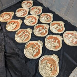 1920's Vintage Printed Plaster Set Of 14 Stations Of The Cross From The Catholic Church At Bourton On The Water